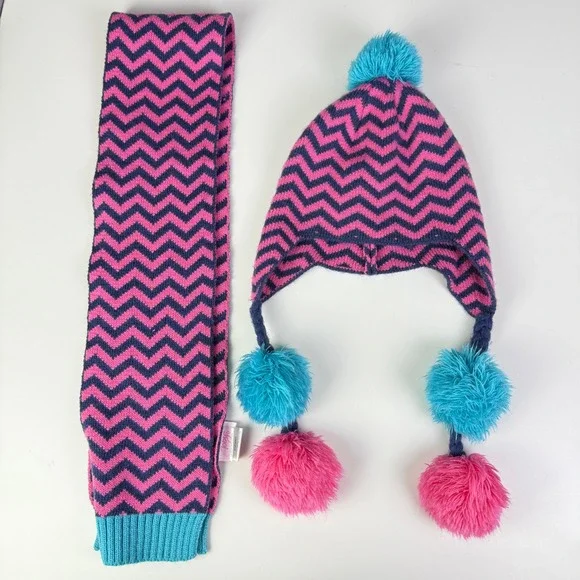 Toby Kids Girls Chevron Hat Scarf Set Pink Navy Blue‎ Pom Poms