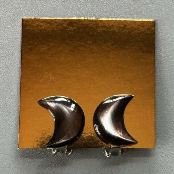 Crescent Moon Stud Earrings, Clip-On, Silver-Tone Metal, Fashion Costume