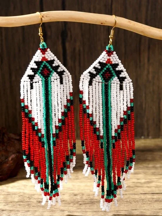 Boho Hand Woven Seed Bead Long Tassel Drop Earrings Colorful Tribal Style Dangle
