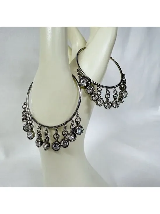 Silver Tone Large Hoop Dangle Rhinestone Earrings