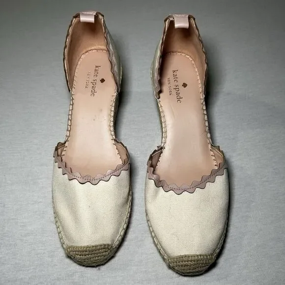 Kate Spade Cream Canvas Espadrille Wedges Scalloped Leather Trim Size 10