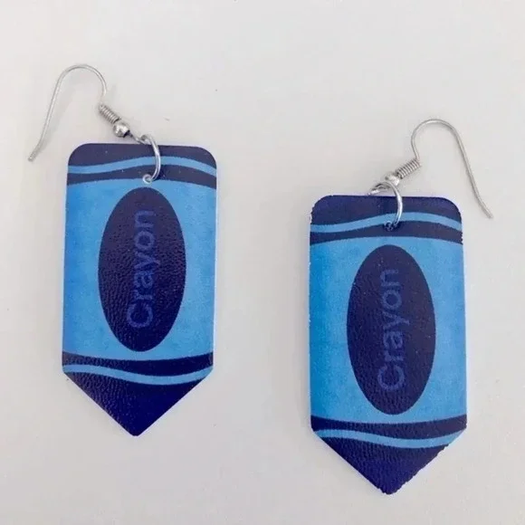 Blue Crayon Teacher School Faux Leather Die-Cut Drop Earrings NWT