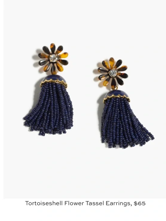 J Crew blue beaded tassel Tortoise Shell flower earrings $65 retail