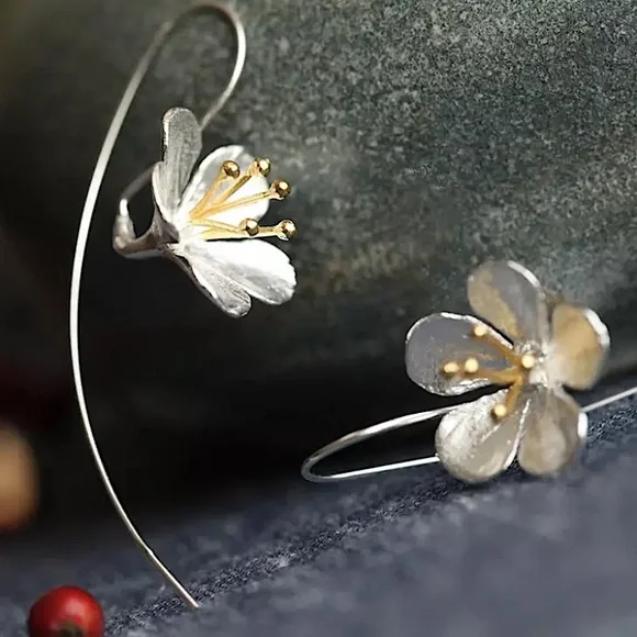 Japanese Cherry Blossom Floral Silver Loop Earring