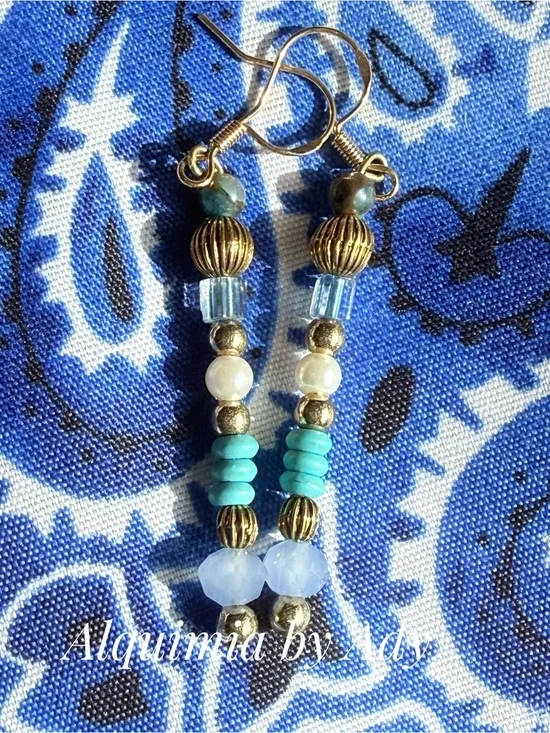 SUMMER +Turquoise pearl and old bronze Gold Bead Drop Earrings