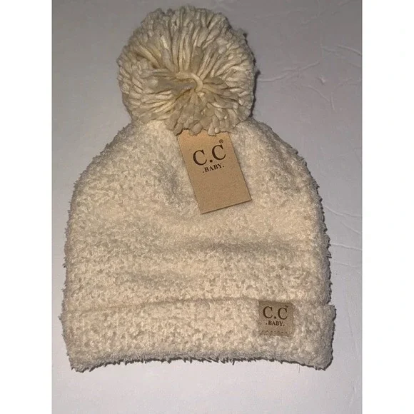 CC Baby Beanie Hat Cream Ivory Fuzzy Popcorn Knit Pom Pom Winter Cap NWT