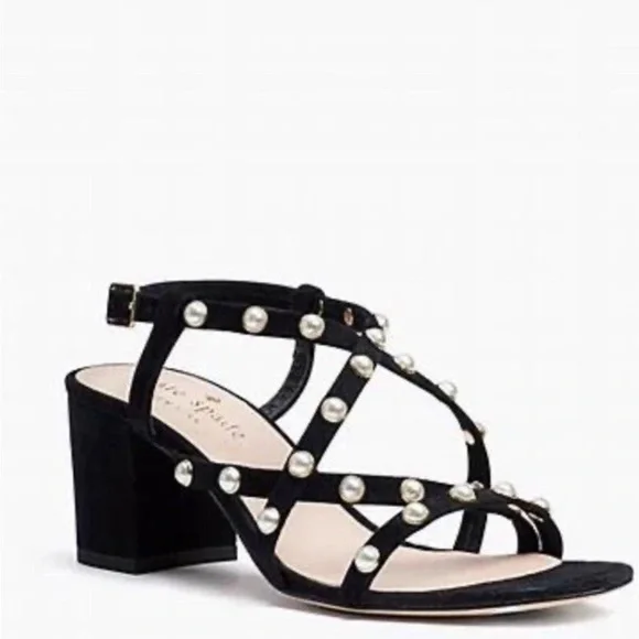 Kate Spade Wynne black suede pearl embellished block heel‎ sandals sz 7