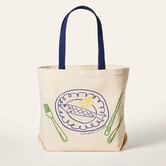 kate spade x Target Natural Navy Blue Green Fish Embroidered Canvas Tote