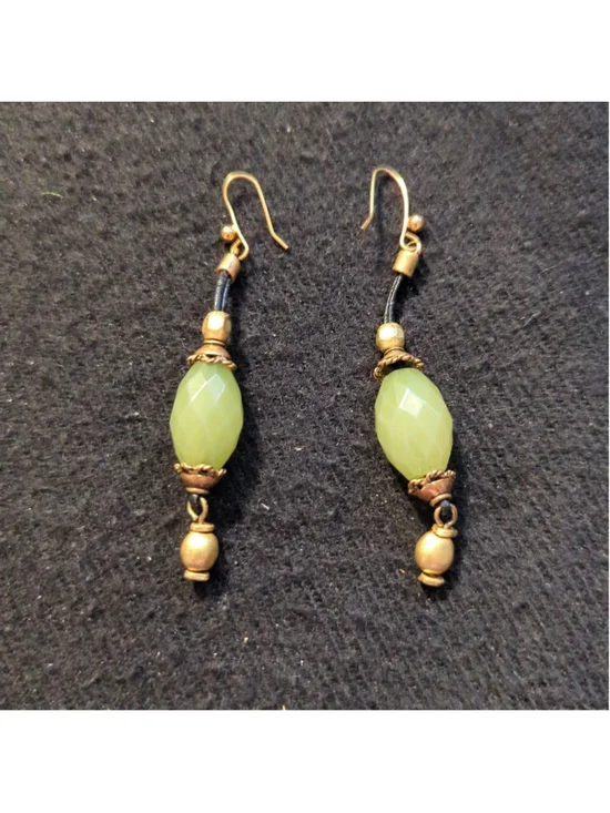 Gold Tone Green Beaded Dangle Statement Earrings