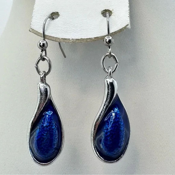 Chico’s Silver Tone Blue Enamel Teardrop Dangle Earrings NWT Boho Chic