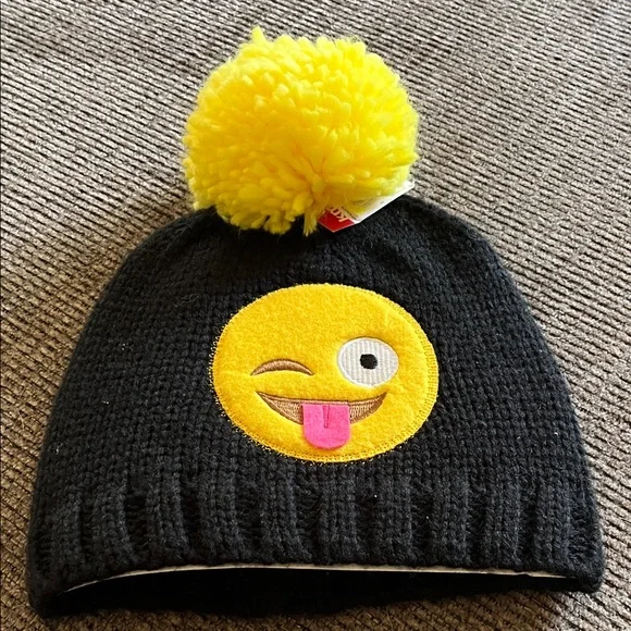 Smiley Emoji Black Yellow Pom-Pom Hat