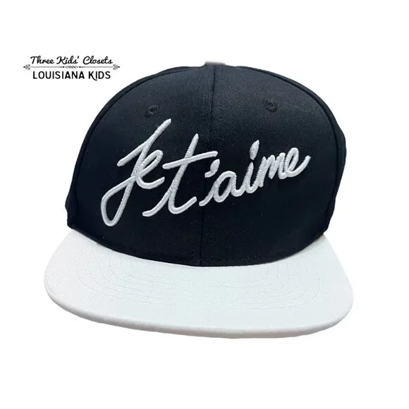 NEW Whistle & Flute Kids Black Embroidered Je T'aime Flat Brim Cap Hat