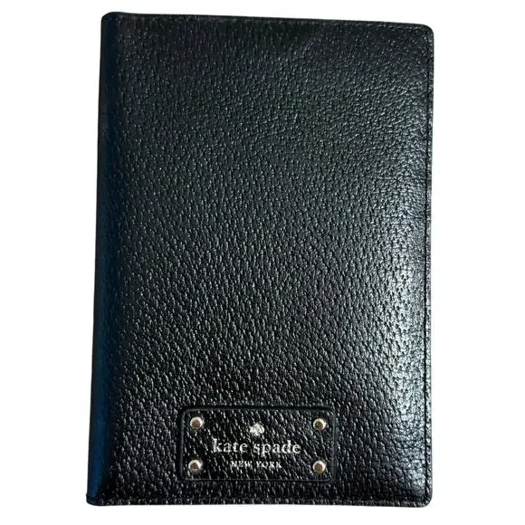 Kate Spade Passport Holder Pebbled Leather Cardholder Embossed Travel Black