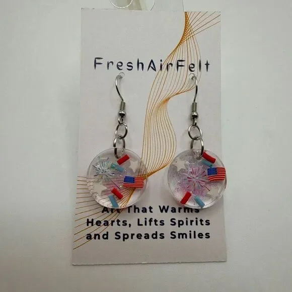USA 4th of July fireworks Unique hand crafted Resin Stainless drop steel earring
