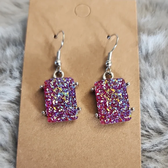 Sparkling Pink and‎ Silver Druzy Style Dangle Earrings