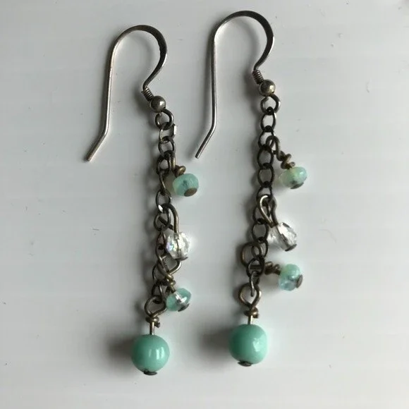 Vintage Handmade Aqua Beads Crystal Sterling Silver Dangle Drop Earrings