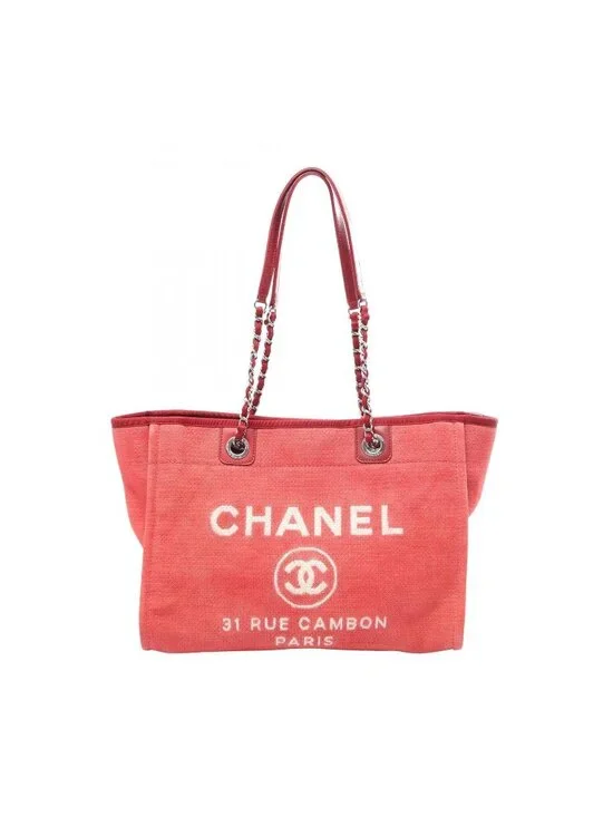 Chanel Tote Deauville Red Canvas Leather Chain MM