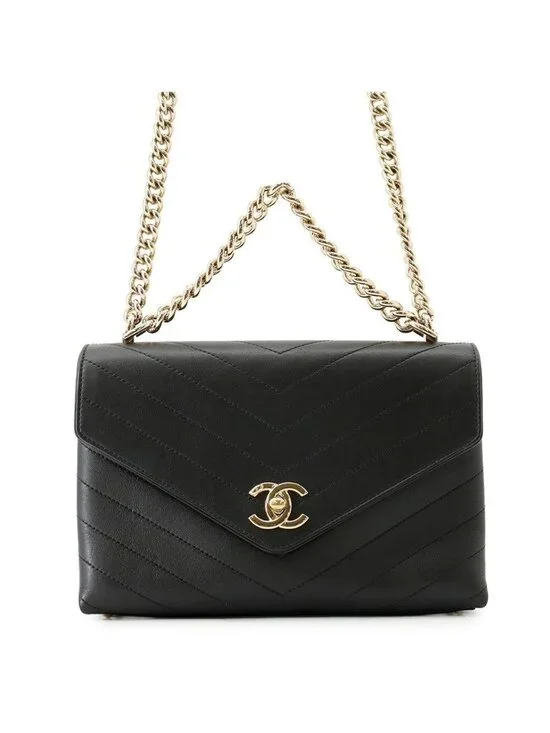 Chanel Chain Shoulder Bag Blanc CC Logo Leather Stitch Black 2-Way