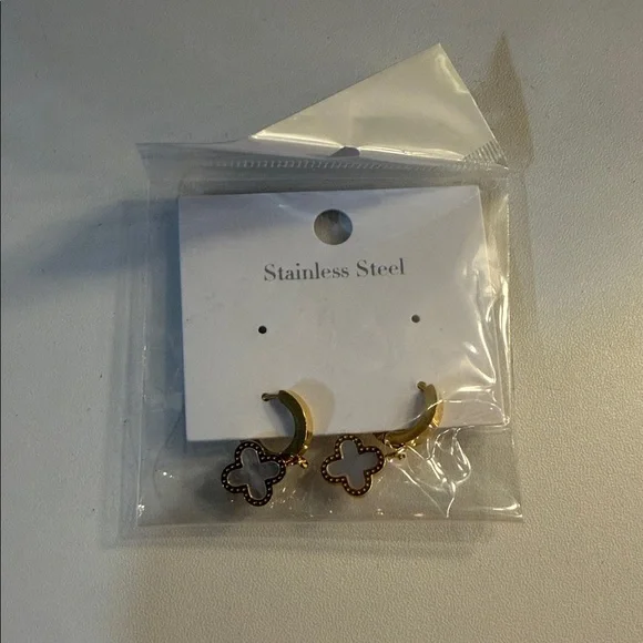 Gold Hoop Earrings with White Clover Charm