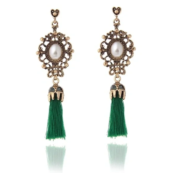 Emerald Tassel Antique Pearl Drop Earrings