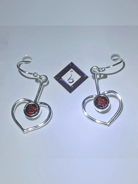 Garnet heart dangle earrings