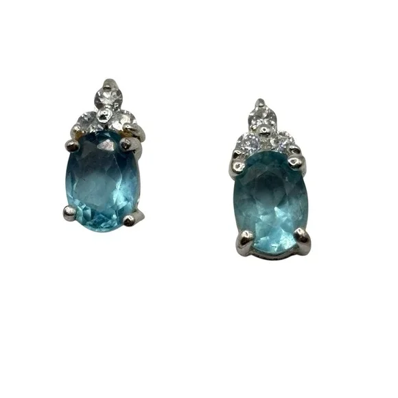 Stimulated Aquamarine Stud‎ Earrings Sterling Sliver 925 CZ Accents Post by FAS