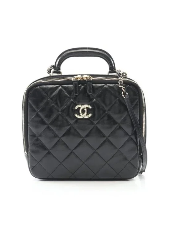 Chanel Shoulder Bag Quilted Top Handle Black Leather