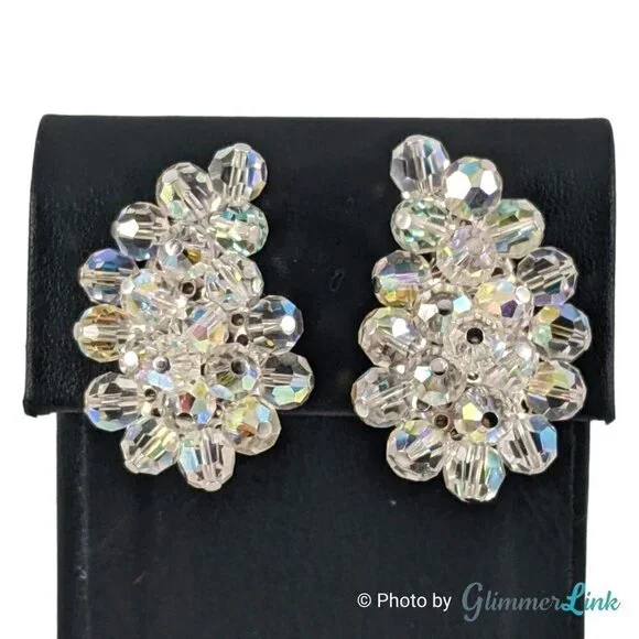 VTG AB Aurora Borealis Beaded Paisley Cluster Silver Tone Clip On Earrings