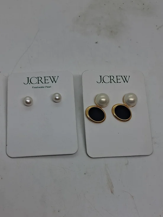 NWT J. Crew Pearl and Black Disc Double-Stud Earrings - Gold Accents
