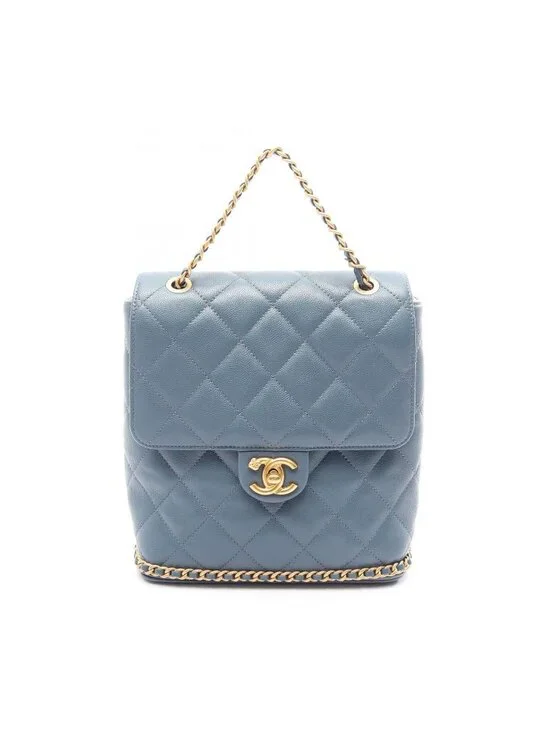Chanel Backpack Quilted Camellia Chain Around Smoky Blue Caviar Leather