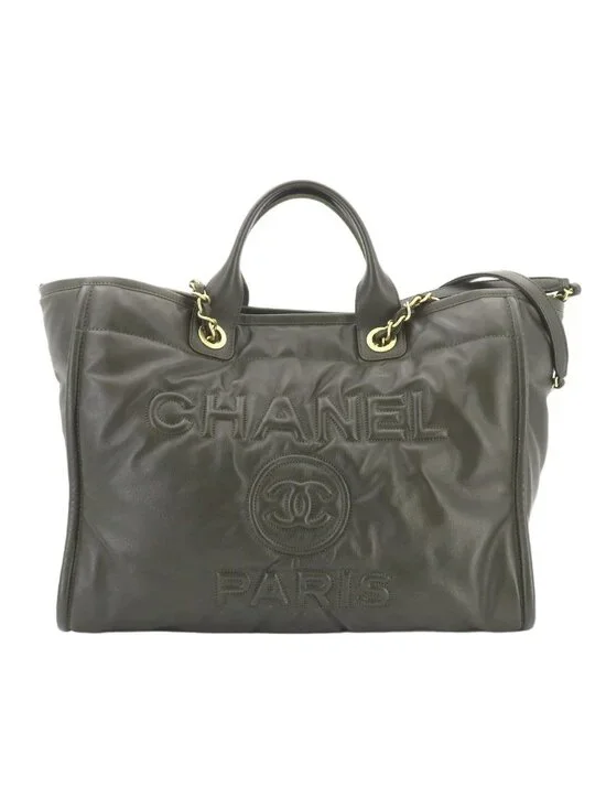 Chanel Deauville GM 2-Way Tote Chain Shoulder Bag Leather Khaki