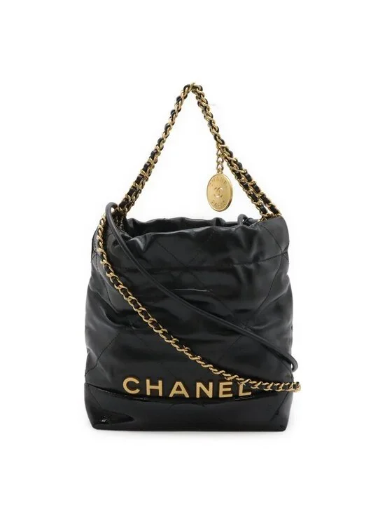 Chanel 22 Shoulder Bag Chain Drawstring Patent Leather Black Gold