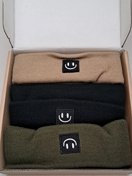 Toddler Smiley Patch Beanie 3 Pack - Tan, Black & Olive