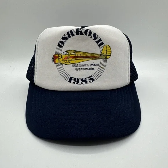 Vintage 1985 Oshkosh Air Show Trucker Hat Wittman Field Wisconsin Snapback Cap