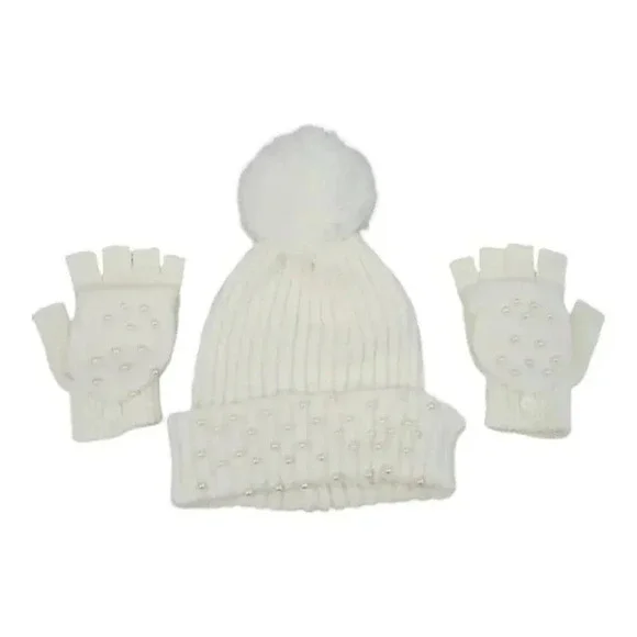 White Knit hat with Super Pom and Faux Pearl Accents Hat and Fingerles Glove set