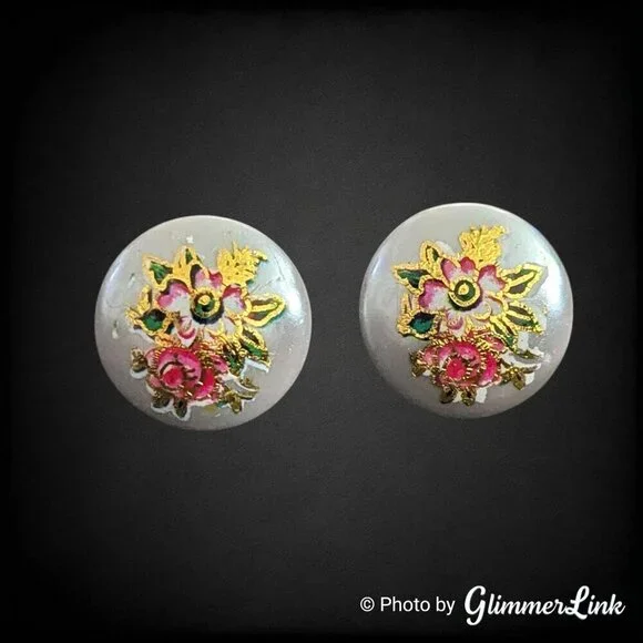 Vintage 70s Tensha Style Stud Earrings Pearled Gray Dome with Pink Gold Flowers