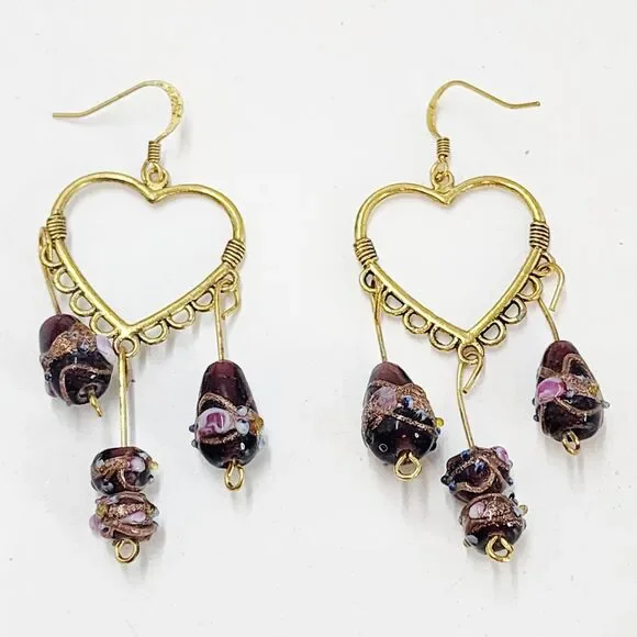 Artisan Heart Lamp Work Glass Beaded Purple Hook Gold Tone Dangle Earrings