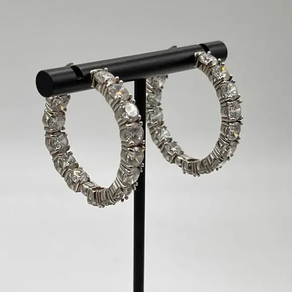 SD Signed Sterling Silver CZ In & Out‎ Huggie Hinged Hoop Round Earrings