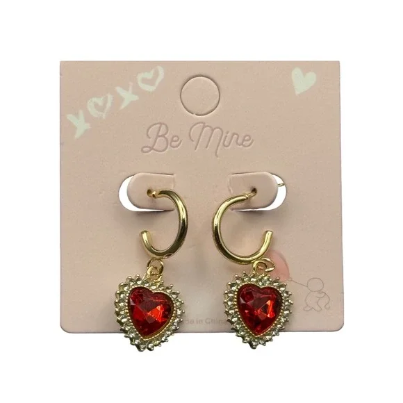 Gold Tone Heart Hoop Earrings Red Gem‎ Rhinestone Dangle Charm Be Mine Valentine