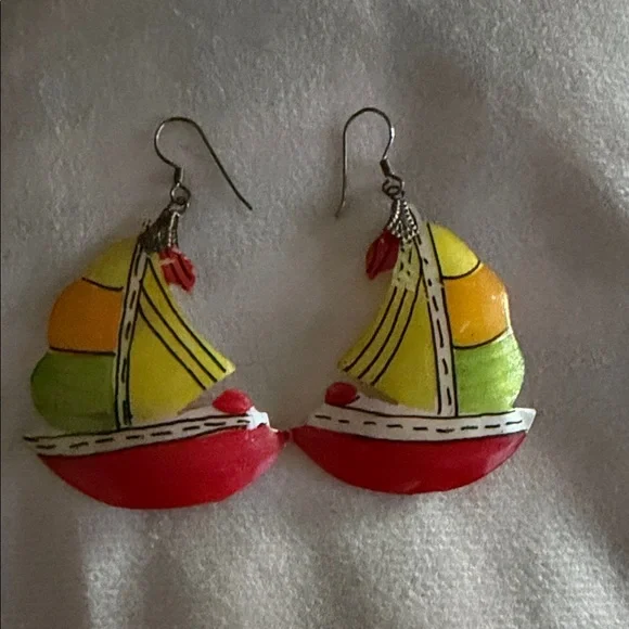 Hand-Painted Sailboat Dangle Earrings -‎ Red, Yellow, Green Shell 🐚