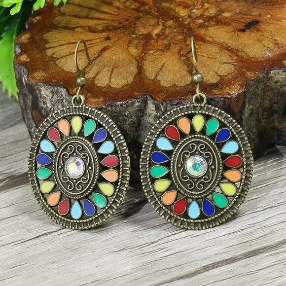 Blue Retro Color Block‎ Alloy Turquoise Hook Geometric Drop Earrings Boho Artsy
