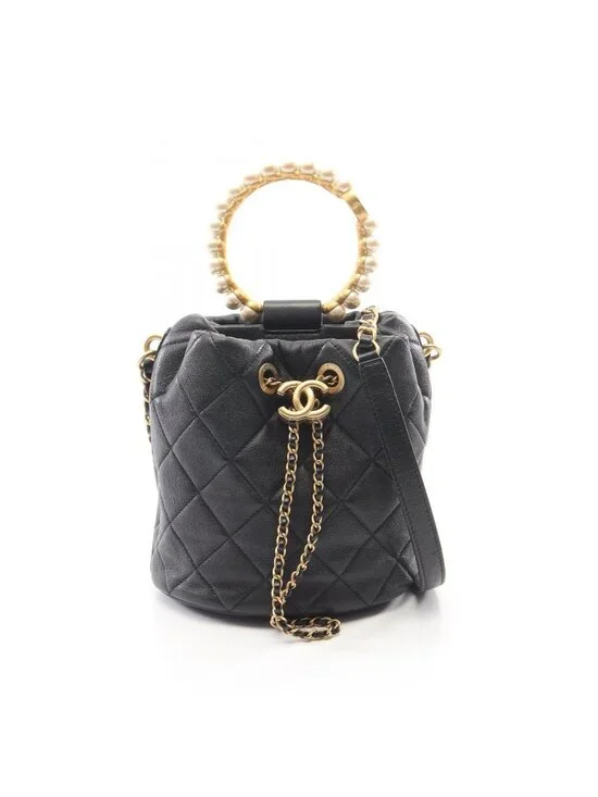 Chanel Shoulder Bag Quilted 2-Way Black Leather Pearl Handle