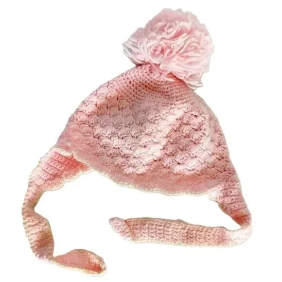 Vintage Baby‎ Knit Crochet Pom Bonnet Hat Beanie Chin Strap Pink Handmade Boho