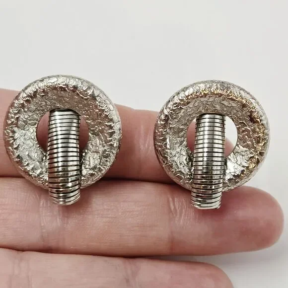 Vintage HOBE Signed Brushed Silver Tone Clip on Earrings MCM Modernist Geometric