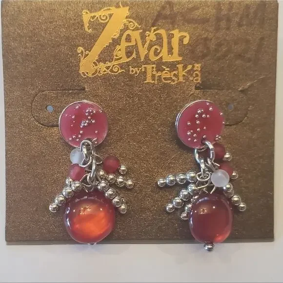 Treska beaded dangle drop charm silver dark pink‎ post earrings