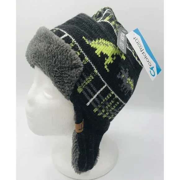 Cold Front Beanie Hat Boys Size 4-7 Dinosaur Faux Fur Gray Green‎ Ear Flap