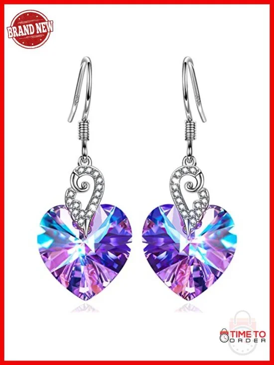 925 Sterling Silver Heart Wing Stud Earrings with Austrian Crystals