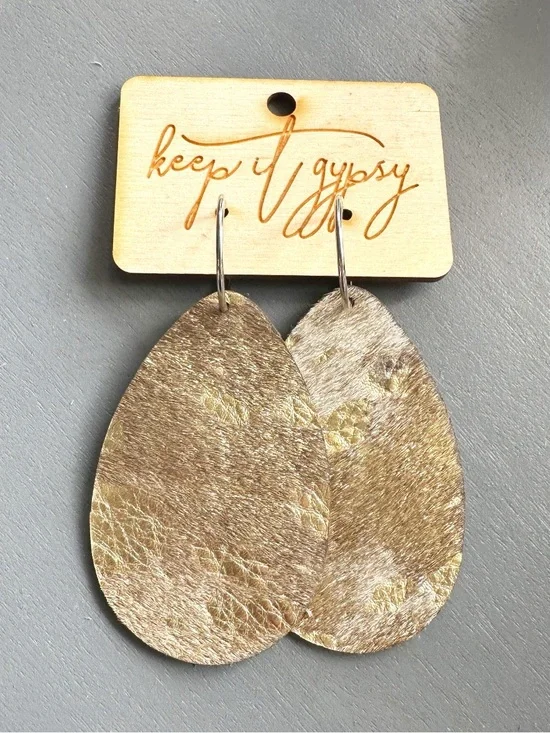 Keep it Gypsy Metallic Gold Cowhide Hair on Hide Leather Teardrop Shaped earring