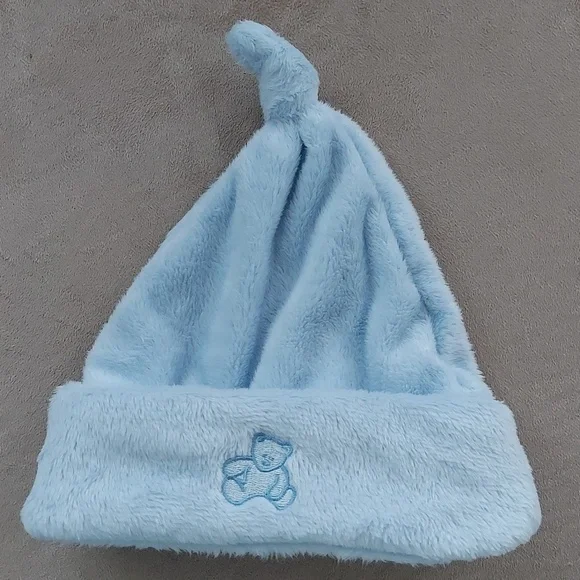 Fuzzy top knot beanie cap blue bear - new born