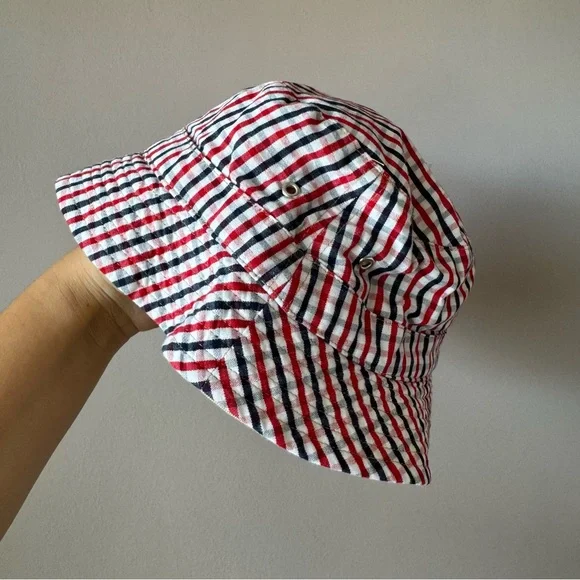 Hanna Andersson Vintage Gingham Plaid Navy Red‎ Reversible Bucket Hat Medium